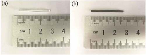 Figure 3. The images of Nafion and IPMC. (a) the square rod-shaped Nafion matrix; (b) the square rod-shaped IPMC.