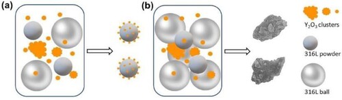 Figure 6. Mechanism of powder mixing by ball milling: (a) low-energy ball milling; (b) high-energy ball milling. Reprinted with permission from [Citation105].