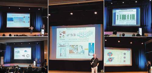 Figure 3. Top Left: Plenary lecture by Prof. Sriram Ramaswamy (Indian Institute of Science, Bengaluru, India) Bottom Left: Keynote lecture by Prof. Nicholas L. Abbott (Cornell University, USA) Middle: Keynote lecture by Prof. John W. Goodby (University of York, York, United Kingdom), Top Right: Invited lecture by Prof. Noel A. Clark in virtual mode (University of Colorado and Boulder, USA) Bottom Right: Invited lecture by Prof. Matthias Lehmann (University of Würzburg, Würzburg, Germany) (Photos by Vidhika Punjani).