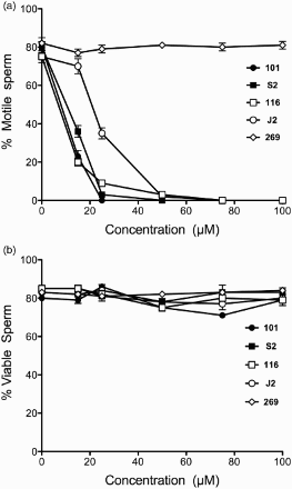 Figure 1.  The effect of disulfide compounds on sperm immobilization (A) and viability (B) in human semen samples evaluated by the method of Sander and Cramer (Citation1941). A) Semen was mixed with different concentrations of the disulfide compounds and gently vortexed for 10 sec. Then, the percentage of motile sperm was evaluated under a phase contrast microscope at 37°C. B) Sperm viability was evaluated using eosin Y staining according to the protocol outlined by the World Health Organization [WHO Citation2010]. The mean ± sem of five experiments performed with different donors is shown.