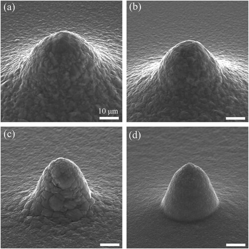 Figure 4. SEM images of the printed deposits obtained in the electrolytes at temperatures of (a) 30 °C, (b) 20 °C, (c) 10 °C, and (d) 5 °C.