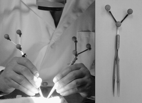 Figure 1. Left: Standard microsurgical tools equipped with trackable marker arrays (during a rat microvascular anastomosis). Right: Marker array equipped with retro-reflective markers attached to forceps handle.