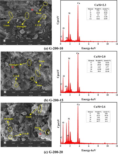 Figure 16. SEM-EDS images of 28 d cement mortar with different content of 200–500 mesh glass powder.