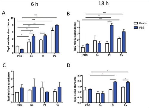 Figure 4. Transcript levels of Tep2 and Tep6 are significantly decreased in control flies (w1118) with functionally ablated hemocytes. Transcript levels of (A) Tep2 and (B) Tep6 at 6 and 18 hpi with 1XPBS, E. coli (Ec), P. luminescens (Pl) or P. asymbiotica (Pa) in w1118 flies (n = 5) pre-injected with beads or 1XPBS. Significant differences are indicated with asterisks (#p < 0.05, ## p < 0.01, ###p < 0.001). Bars show the means from 2 independent experiments and error bars represent standard deviations