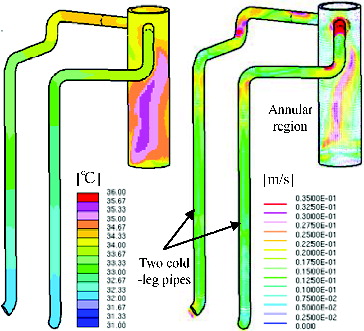 Figure 15. Temperature and flow velocity distributions in the annular region of a primary pump outlet at 670 seconds.