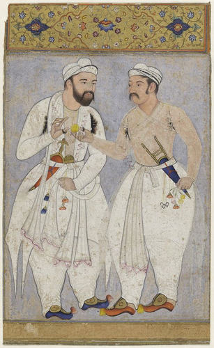 Figure 1. Unknown, Two men with archer’s rings on thumbs, dressed in white muslin clothes, one giving the other a lemon, circa 1560–1580, the Fitzwilliam Museum, Cambridge.