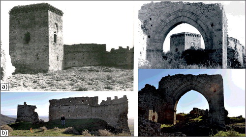 Figure 10. The picture shows the ‘Gennaro's Tower’ (n° 2 in Figure 6) existing until 1972, compared with the relict structures of the tower and toppled walls after the collapse, related to slope retreating and erosion, acting at the base of the foundations.