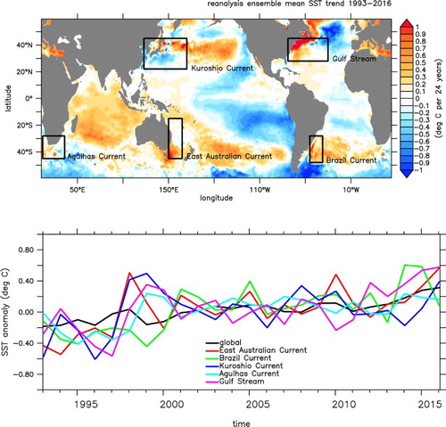 Figure 2.7.1. Upper panel: map of 1993–2016 24-year Sea Surface Temperature trend in (°C per 24 years), from the ensemble mean of the multi-reanalyses CMEMS product reference 2.7.1. Lower panel: time evolution of SST anomalies (°C) computed with CMEMS product reference 2.7.1 with respect to a 1993–2014 climatology from the same product, on global average (black line), and in the black rectangles as shown on the upper panel (coloured lines).