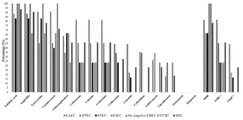 Figure 1 Phenotypic antibiotic resistance rates in E. coli pathotypes.Abbreviations: MDR, Multi-drug resistance; ESBL, Extended spectrum-β-lactamase.