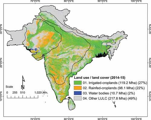 Figure 13. The Landsat derived irrigated versus rainfed cropland map of South Asia (2014–15). The map was made using 30 m time-series data from Landsat 8 on the Google Earth Engine (GEE) platform.