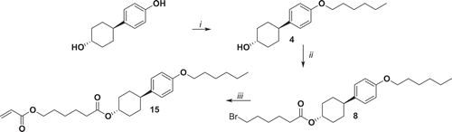 Figure 2. Synthesis of compound 15. i: K2CO3, KI, bromohexane, EtOH, reflux 48 h; ii: 6-bromohexanoyl chloride, NEt3, THF, 0°C 1 h, r.t. 16 h; iii: potassium acrylate, KI, DMSO, 52°C 72 h