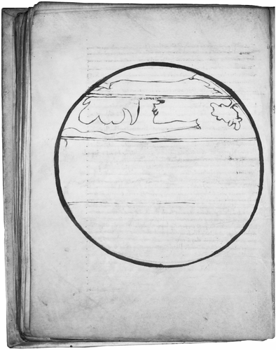 Fig. 4. An unfinished world map, lacking toponyms, fills an otherwise blank folio in a manuscript of Macrobius' Commentary on the Dream of Scipio. The drawing probably dates from the eleventh century, since it is located between a ninth‐century copy of Macrobius' Commentary and a copy of Cicero's Dream of Scipio added in the eleventh century. Cologne, Dombibliothek MS 186, fol. 74v. Appendix 1, no. 18. (Reproduced with permission from the Dombibliothek.)