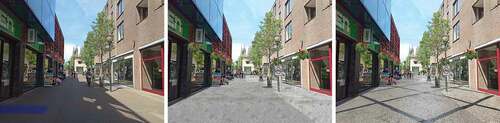 Figure 6. Vestpoort current situation (L) and design alternatives (M/R) surface of the ground was changed, green elements were added and the street became only for pedestrians.