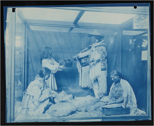 Figure 6. Northwest Coast family group exhibited by the Department of Anthropology in the United States Government Building at the Pan-American Exposition, Buffalo, NY, 1901. Smithsonian Institution Archives, Record Unit 95, Box 62A, Folder 12, Image No. SIA_000095_B62A_F12_002