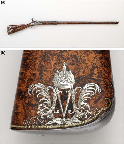 Figure 3. (a) Jacques Lamarre (gunsmith), Flintlock Sporting Gun of Empress Margarita Teresa of Spain (1651–1673), ca. 1670–73, Metropolitan Museum of Art, New York. (b) Detail of Figure 3(a).