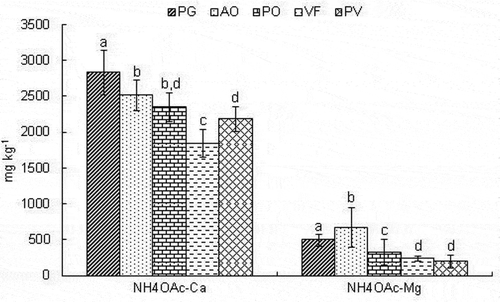 Figure 4. Status of NH4OAc-Ca and NH4OAc-Mg in soils as affected by the dominant horticulture-based land uses. Vertical columns followed by different letters are significantly different according to Duncan’s multiple range test at p ≤ 0.05. Bars on the column indicate standard error (n = 6). PG: perennial grass; AO: apple orchard; PO: peach orchard; VF: field vegetable farming; PV: protected vegetable farming.