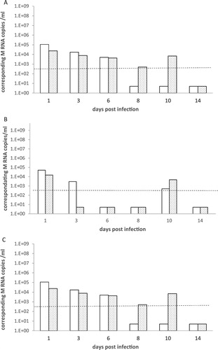 Figure 3. A, B, C: RT-PCR detection of M RNA in drinking water and water bath samples. Water samples from drinking water (light bars) and bath water (dotted bars) were collected at 1, 3, 6, 8, 10 and 14 days pi and RRT-PCR was used to detect viral M RNA. Results are expressed as M RNA copies/ml from groups of canaries inoculated with the H5N2/chicken virus (Figure 3(A)), with the H7N1/chicken virus (Figure 3(B)) and the H5N3/wild mallard virus (Figure 3(C)). A dotted line represents the approximate limit of detection; samples where virus was not detected were given an arbitrary value of 5.