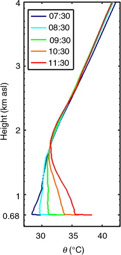 Fig. 5 Hourly mean potential temperature evolution at different hours showed by the label (UTC) on 27 June 2011.