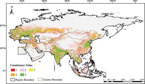 Figure 5. Degree of consistency of CCI-LC, GFSAD30, MCD12Q1, FROM-GLC and corrected cropland product in the B&R region. The values of 1–5 represent one to five cropland products classified as cropland