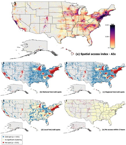 Figure 4. Maps depicting: (a) 5th-8th grade students’ relative spatial access to EE field trips at schools across the U.S.; (b-d) the Getis-Ord Gi* hot/cold spot statistic for schools’ access scores using neighborhood distance thresholds of: (b) 200 kilometers (national scale), (c) 75 kilometers (regional scale), and (d) 25 kilometers (local scale); and (e) schools (red dots) that have no access to EE field trips within a two hour drive.