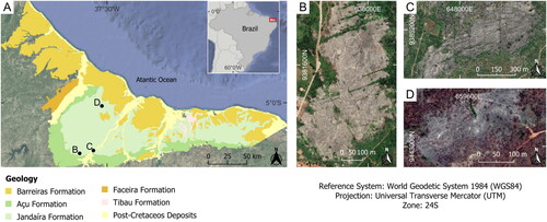 Figure 1. Geological map of the Potiguar basin (A), and the three outcrops placed in the Jandaíra formation: Soledade (B); Rosario (C); and Furna Feia (D).