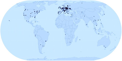 Figure 1. Map of respondents’ locations.Eckert IV pseudocylindrical map projection of the Earth, with respondents’ locations plotted.