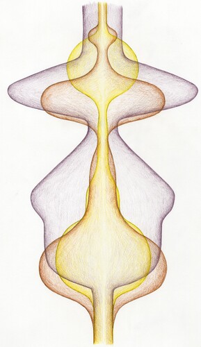 Figure 4. Gemma Anderson, ‘Garden of forking paths; Mitosis Score no.2’, 2019. Pencil, and colour pencil on paper, 29.7 × 42 cm.