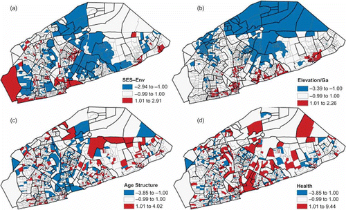 Figure 2. The factor scores of the four components of vulnerability with corresponding Moran's I values: (a) I = 0.172; (b) I = 0.513; (c) I = 0.128; (d) I = 0.029. One or more standard deviations above the mean are mapped in red, and one or more standard deviations below the mean are mapped in blue. Available in colour online.