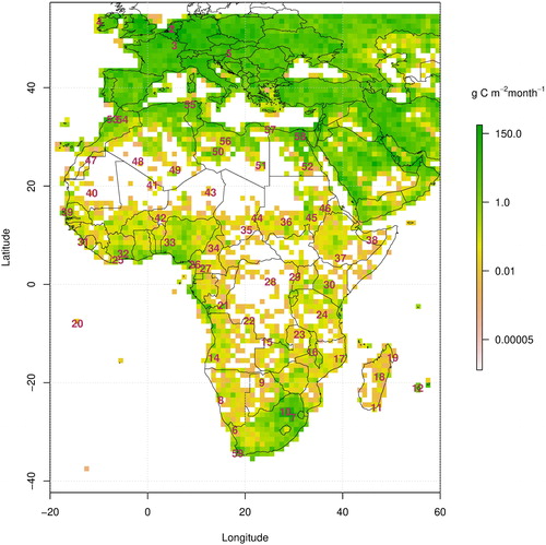 Fig. 1. The 51 potential locations of the new stations in the optimal network design and the mean fossil fuel emissions from the ODIAC product regridded onto the in g C m−2 month−1 for the year 2012. Uncertainty estimates were set at 100% of the estimated net primary productivity flux estimates. The candidate site locations were based on existing infrastructure where possible. The existing Cape Point (South Africa), Cabauw20 (The Netherlands), Cabauw200, Mace Head (Ireland), OPE (France), Hungary, Lamto (Ivory Coast) and Ifrane (Morocco) stations are listed as 59, 1, 2, 3, 4, 5, 32, and 54. These were included in the base network.