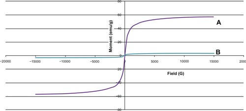 Figure 6 Magnetization curves of chitosan-coated iron oxide nanoparticles as measured by vibrating sample magnetometry at room temperature. (A) Iron oxide nanoparticles and (B) chitosan-coated iron oxide nanoparticles.