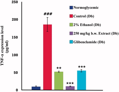 Figure 7. TNF-α expression level in normoglycemic, diabetic, 2% ethanol-treated, extract-treated, and glibenclamide-treated diabetic mice compared against their respective controls: diabetic versus normoglycemic, values are expressed as mean ± SEM (#p < 0.05, ##p < 0.01, ###p < 0.001); 2% ethanol-treated, extract-treated and glibenclamide-treated diabetic versus the diabetic control group, values are expressed as mean ± SEM (*p < 0.05, **p < 0.01, ***p < 0.001).