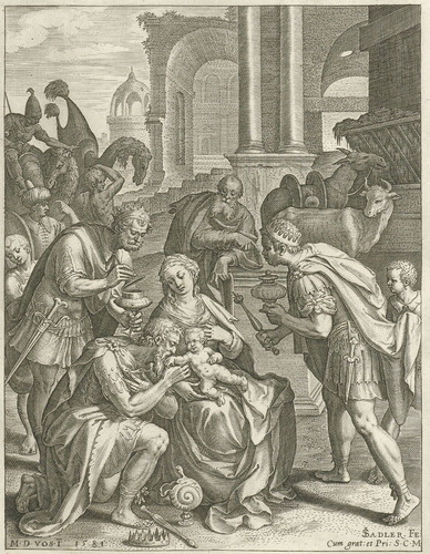 Figure 2. Johann Sadeler, after Martin de Vos’s design, ‘Aanbidding der Koningen. Gebborte en eerste jaren van Christus’ (Cologne: Johann Sadeler, 1581). Engraved print on paper. Photo courtesy of Rijksmuseum.