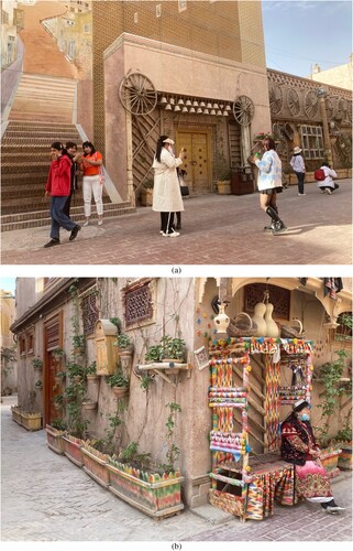 FIGURE 7. Kashgar old town, still intact but with new visual interventions. A re-fabricated spectacle of a Silk Road city for tourist consumption. (a) selfie-sets, streets for taking pictures – imaginary old town in murals and in collections of objects, (b) Urban furniture for tourists and locals. Source: Dennis Zuev, Kashgar 2023.