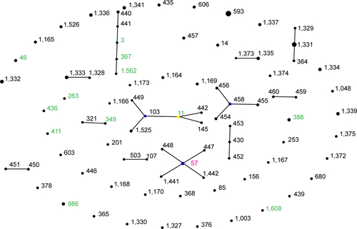 Figure S2 A comparison of the 13 STs from our study with COPD STs in the database.Notes: The ST57 (pink) was present in the database of COPD STs, while, the remaining 12 STs (green) were not present in the database as STs from COPD. The blue spot represents the founding ST for each cluster. The yellow spot represents the subgroup founder.