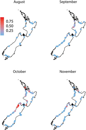 Figure 2. The proportion of banded kōkopu (Galaxias fasciatus) in whitebait samples (n ≥ 100 fish) collected over four months from up to 87 rivers around New Zealand.