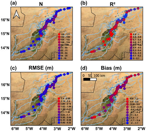 Figure 7. Maps of statistical parameters for the water level maps from NORMANDIN2018 (combining surface water extent and radar altimetry) with ICESat-2 data, superimposed on a Google Earth image from ESRI world imagery in QGIS software. (a) N is the number of samples compared, (b) the determination coefficient R2, (c) the Root mean Square Error (RMSE, in meters) and (d) the bias (in meters).