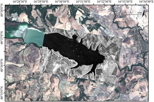 Figure 3. An excerpt of the CSG HH-polarized SAR scene collected on 23 August 2021, 16:45 UTC superimposed onto an excerpt of the ESA Sentinel-2 true-colour image collected on 22 August 2021, 9:40 UTC.