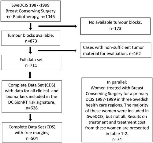 Figure 1. Flow chart describing available tumor material from the randomized SweDCIS trial, for evaluation of 10-year absolute total local recurrence risk according to five different radiotherapy strategies.