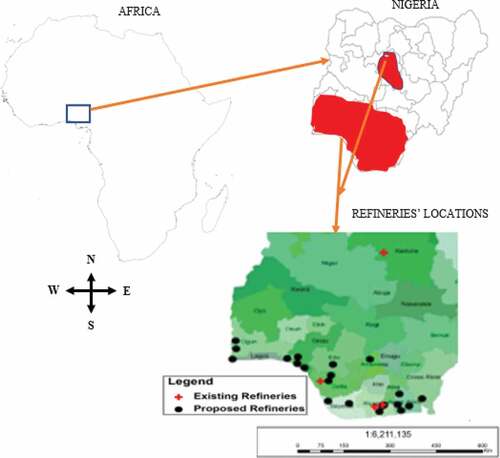 Figure 1. Map of the study area showing the existing and proposed petroleum refineries