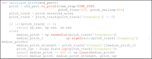 Code fragment 1: A short Python function wraps the functionality to estimate the median fundamental frequency using Parselmouth. Note the seamless interaction between Praat functionality (e.g. snd_part.to_pitch(…)), pure-Python syntax (e.g. the function definition or if-statement), and other Python libraries (i.e. NumPy’s np.nanmedian and SciPy’s scipy.stats.iqr) (see Supplemental online material, calculate_pitch.py, https://figshare.com/articles/dataset/Parselmouth_for_bioacoustics_automated_acoustic_analysis_in_Python/24307391?file=42678629).