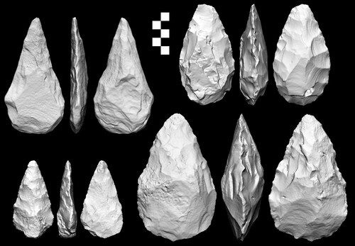 Figure 5. Handaxes from Khabb Musayyib. The top left specimen is ferruginous sandstone, the top right is chert, and the bottom two are quartzite.