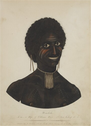 Figure 7. Richard Browne, Wambela, din or wife of Cobbawn Wogi, Native Chief & &, 1820, watercolour and gouache. University of Melbourne Art Collection.