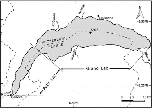 Figure 1. Overview map of Lake Geneva. SHL2 indicates the main location of routine monitoring.