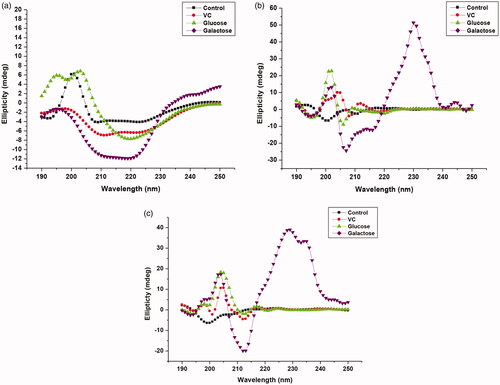 Figure 7. CD spectra of native and immobilized βGS in the presence of added compounds. The spectra illustrate (a) free (b) PANI/CS-NC-βGS and (c) PANI-CS-Ag-NC-βGS.