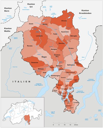 Figure 1. Map of Canton Ticino (Source: Tschubb—Own work, CC BY-SA 3.0, https://commons.wikimedia.org/w/index.php?curid=57654972, edited by the author).