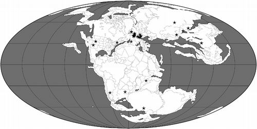 Figure 4 Palaeogeographical map for the Early and Middle Jurassic (170 Ma) showing the locations of 88 collections of pterosaurian specimens. The map was generated using software available at Fossilworks (Alroy Citation2013), with collections data downloaded from The Paleobiology Database.