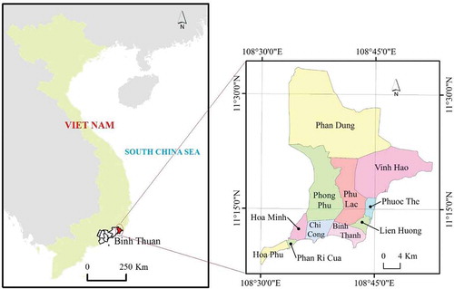 Figure 1. Location of case study, Northeastern Binh Thuan Province, Southern Coastal Vietnam. For full colour versions of the figures in this paper, please see the online version. Figure 1 should be shown in section 2.1. Case study.