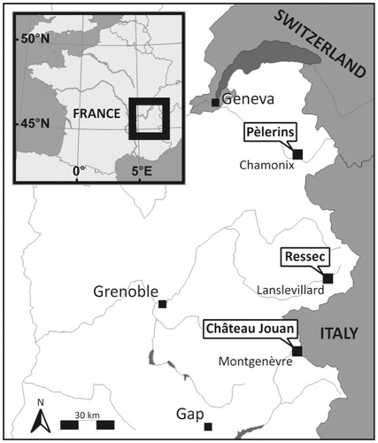 FIGURE 1. Location of the three study sites (Pèlerins, Ressec, and Château Jouan paths) in the French Alps.