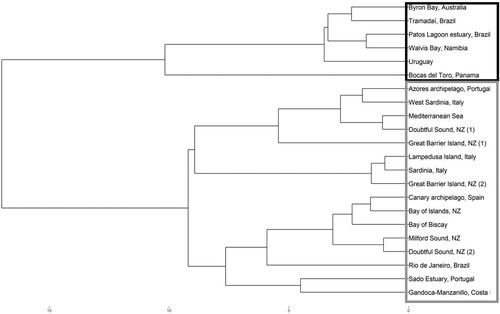 Figure 7. Hierarchical cluster visualisation of population similarity based on the mean values of six time-frequency parameters for 21 populations of bottlenose. Coloured rectangles show two main clusters. The Byron Bay population corresponds to Tursiops aduncus and it was used as external group for the analyses.Note: (1) This study (2) Previous studies carried out in the study areas.