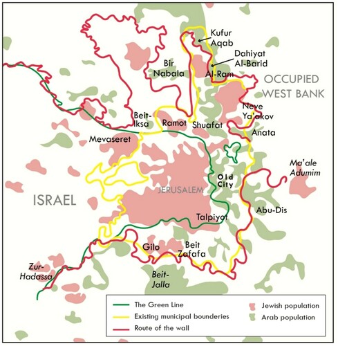Figure 5: The Separation Wall (in red) and Jerusalem/Al-Quds municipal boundaries (yellow) at the northern fringe (Source: Btselem Citation2020).